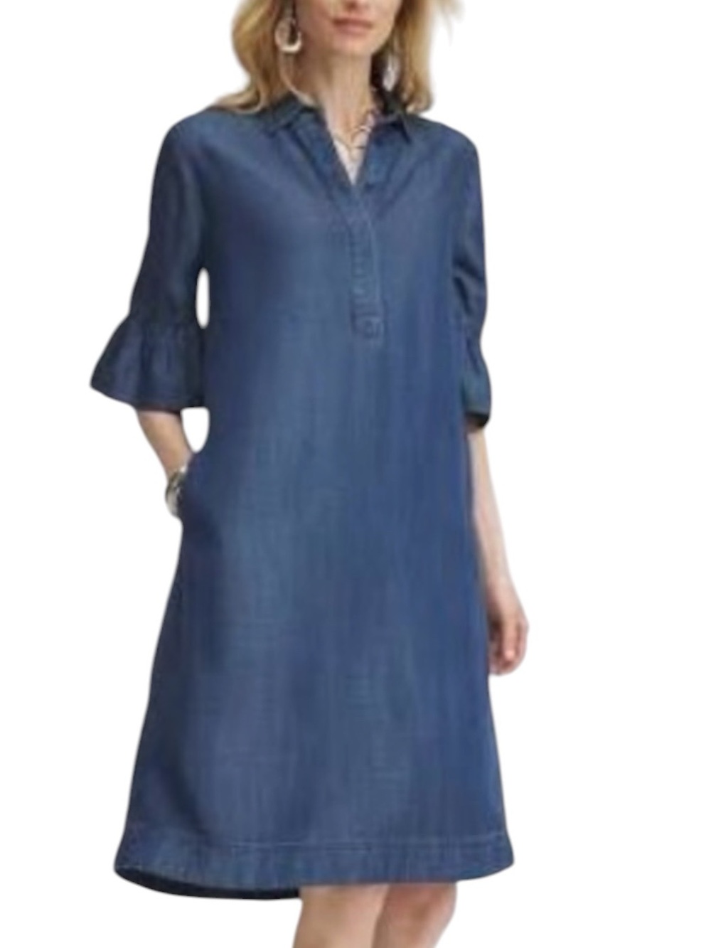 CHICO’s Lyocell Chambray Crepe Ruffle Sleeve Midi Shirt Dress Size 4 (20) -- WOW